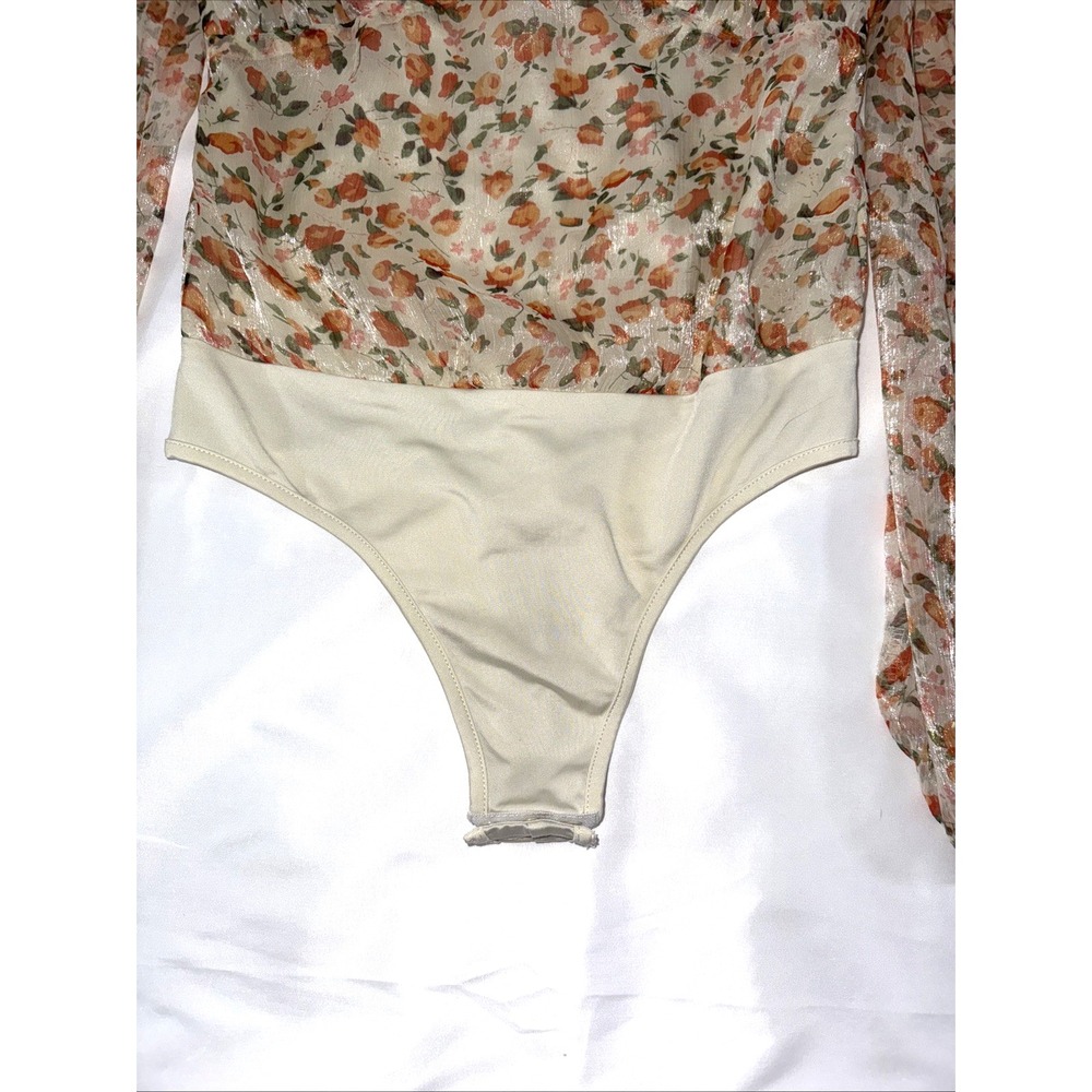 Misguided Sheer Off The Shoulder, Bodysuit‎ Zip Up Back, Dainty Orange Floral - Picture 2 of 8